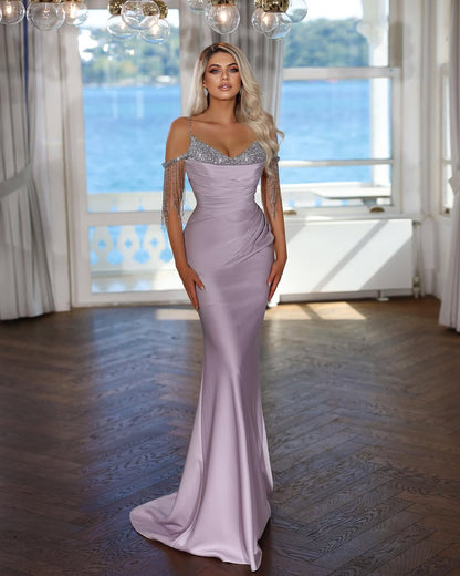 Sleeveless Spaghetti Straps V-Neck Beads Mermaid Prom Dress