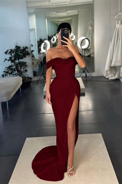 Mermaid White Off-the-Shoulder Sequins Slit Prom Dress