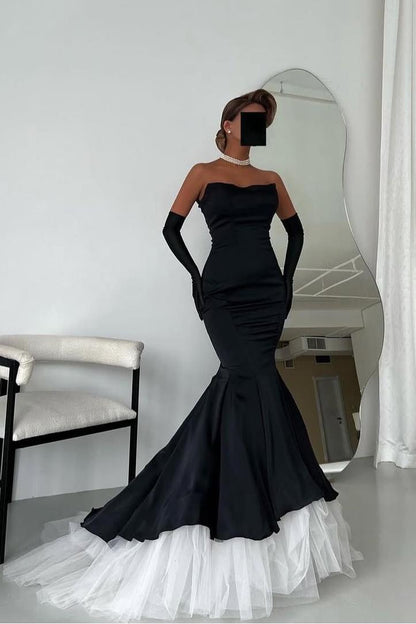 Luxurious Black Satin Sleeveless Strapless Mermaid Prom Dress with Gloves