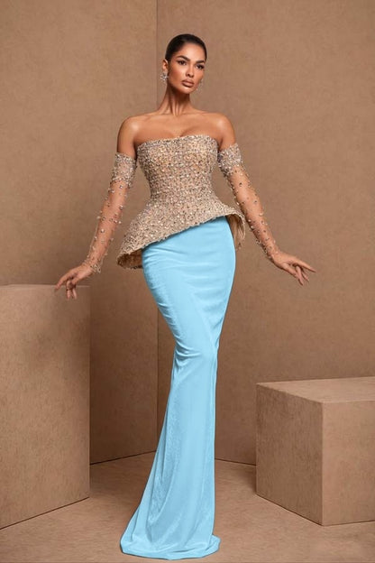 Black Sleeveless Strapless Mermaid Satin Beads Long Prom Dress With Gloves