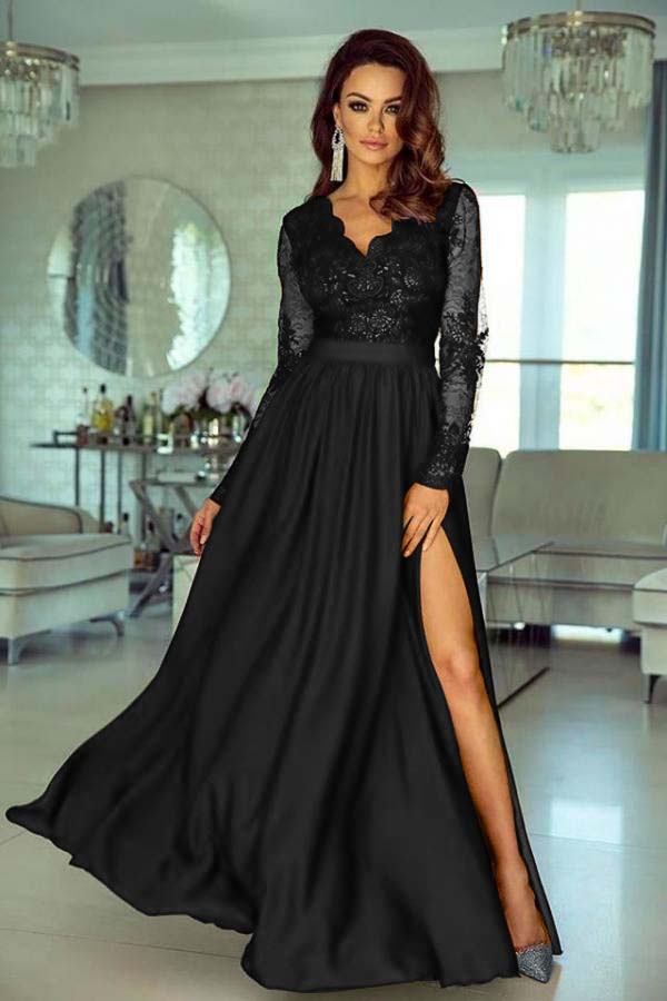 V-Neck Long Sleeve Lace Prom Dress With Slit