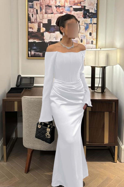 Chic Satin Regency Off the Shoulder Long Sleeves Mermaid Prom Dress with Pleated