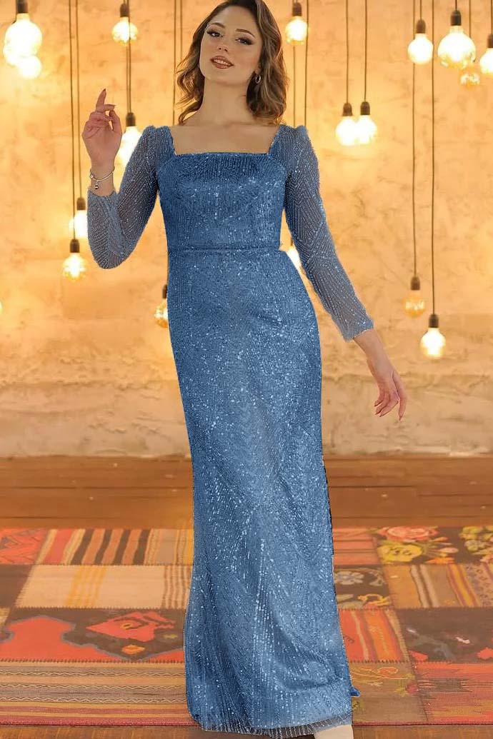 Luxurious Long Sleeves Square Long Evening Dress With Beading