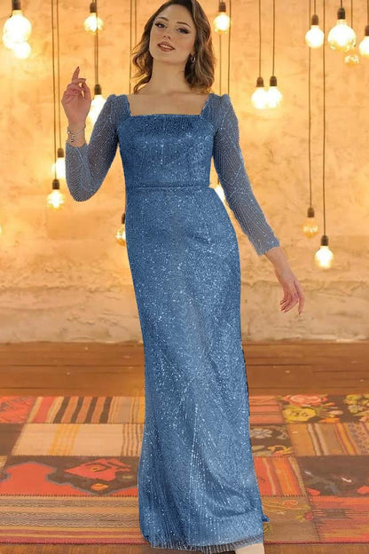 Luxurious Long Sleeves Square Long Evening Dress With Beading