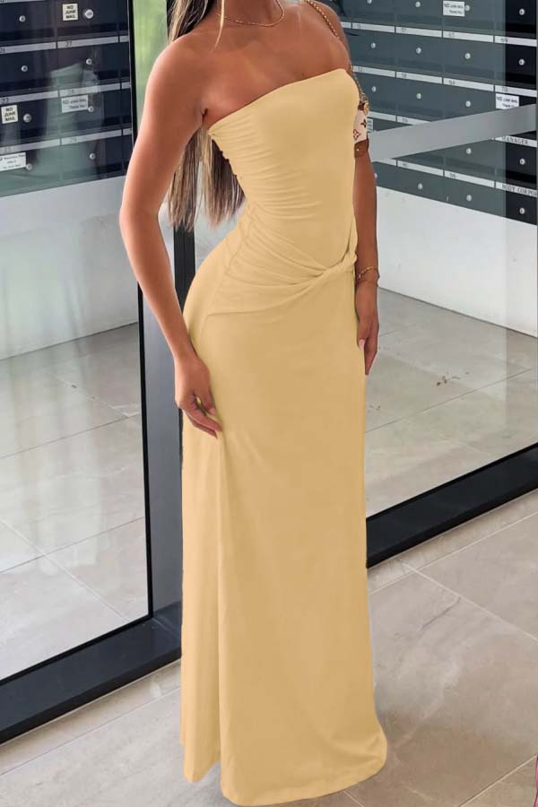 Cream-colored Semi-formal Strapless Pleated Sheath Prom Dress