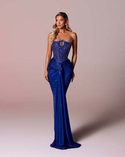 Luxury Mermaid Straples Sleeveless Beaded Long Dress With Pleated
