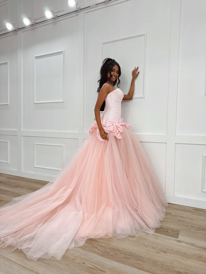 Pink Sweetheart Mermaid Evening Dress in Satin and Tulle with Bows