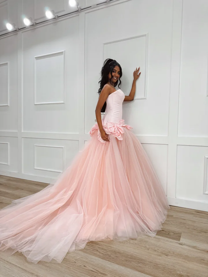 Pink Sweetheart Mermaid Evening Dress in Satin and Tulle with Bows