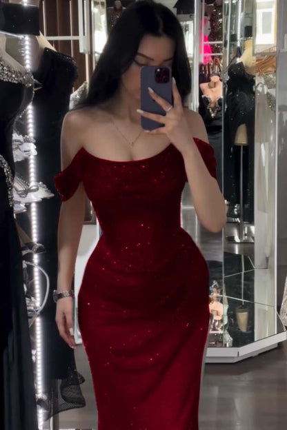 Charming Red Sparkling Off-The-Shoulder Slit Strapless Prom Dress
