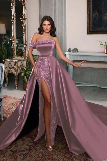 Charming Burgundy Satin One Shoulder Sleeveless Split Long Prom Dress with Beadings