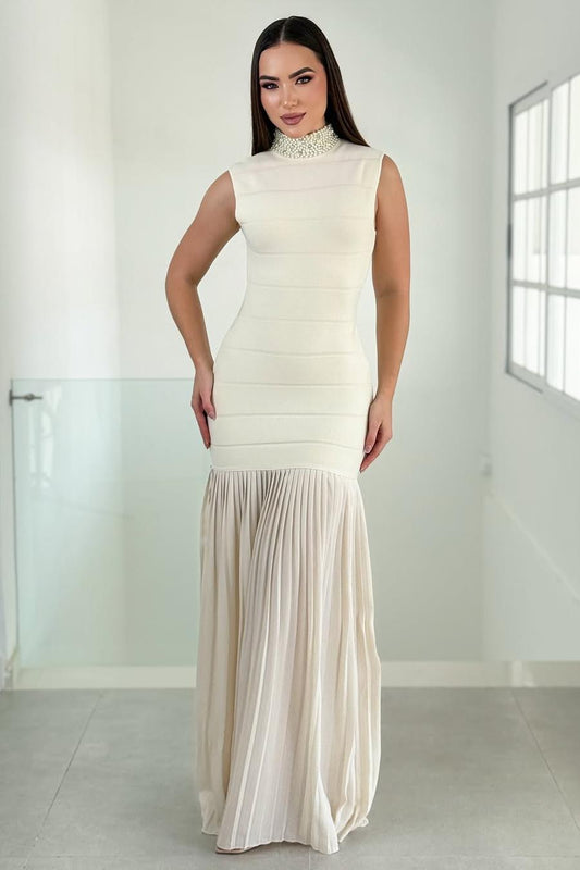 Charming Ivory Beaded High Neck Pleated Sleeveless Slim Prom Dress