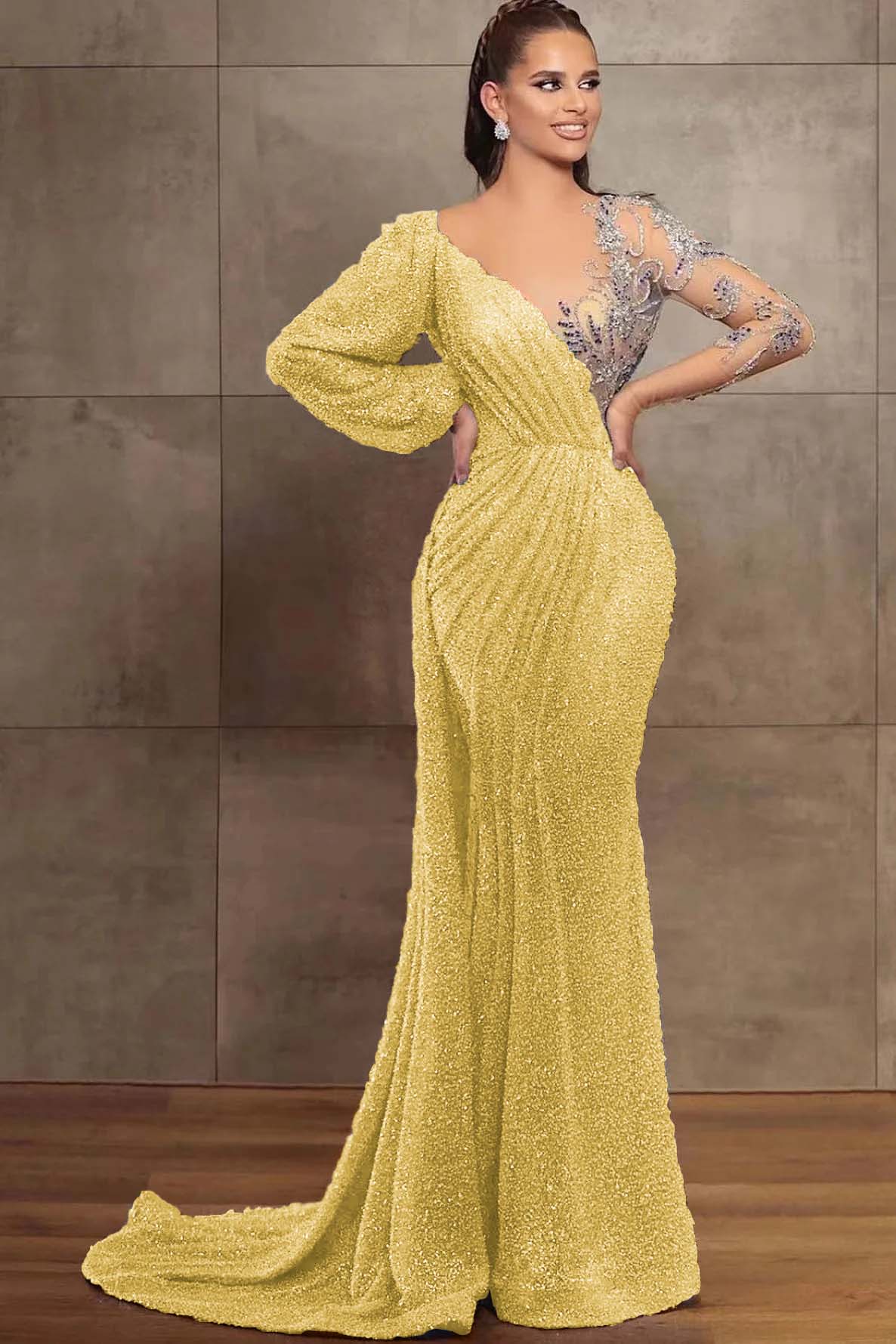 Amazing V-Neck Long Sleeves Mermaid Evening Dress With Sequins Beads