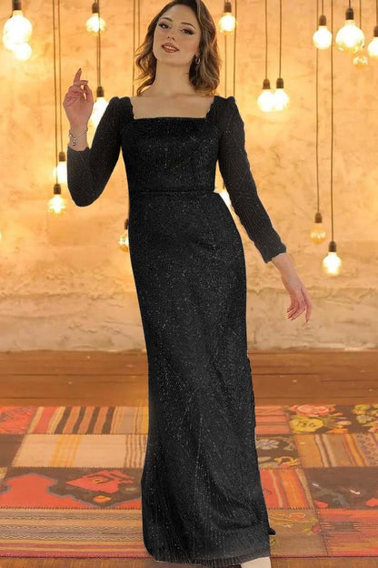 Luxurious Long Sleeves Square Long Evening Dress With Beading