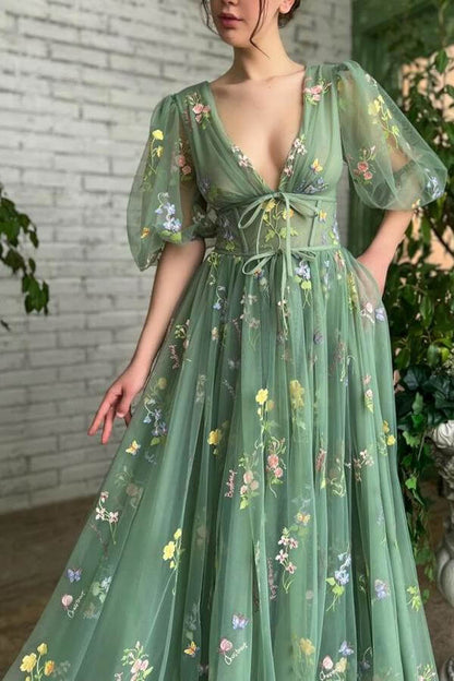 Aqua Beautiful Half Sleeves Deep V Neck Evening dress Tulle with Embroidery Flowers