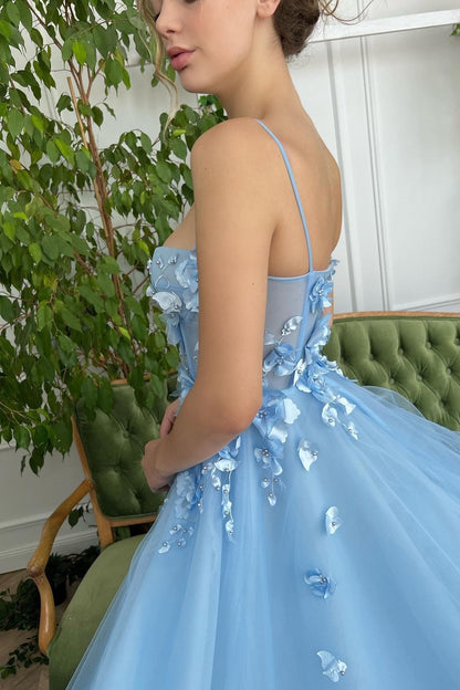 Baby Blue Sweetheart Flowers Appliques Spaghetti Strap Prom Dress Side Split