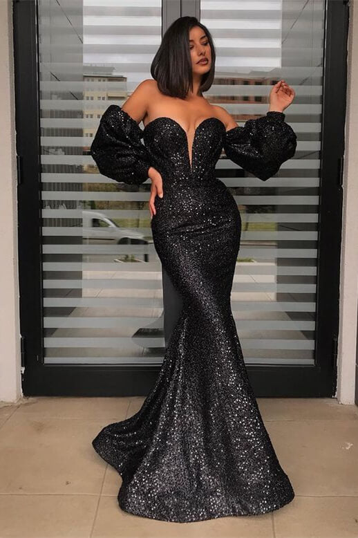 Detachable Sleeves Black Sweetheart Sequins Prom Dress Mermaid