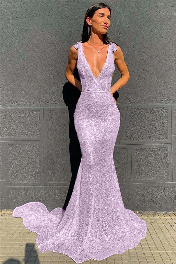 Deep V-Neck  Mermaid Prom Dress Open Back Sequins