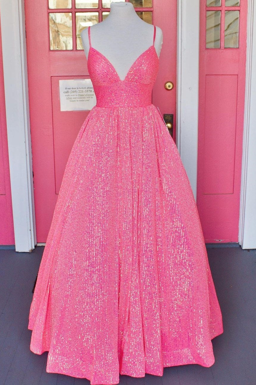 A Line V-Neck Prom Dress  Spaghetti-Straps Sparkle With Appliques