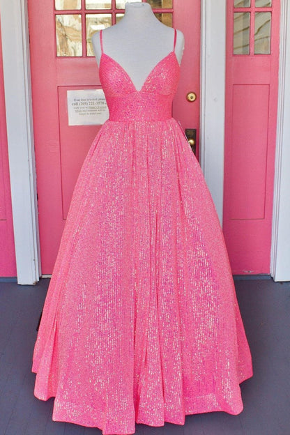 A Line V-Neck Prom Dress  Spaghetti-Straps Sparkle With Appliques