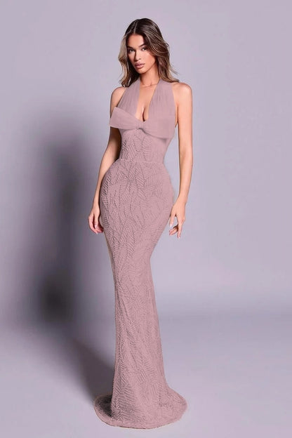 Chic Sleeveless Halter Straps Long Mermaid Evening Dress With Embroidery