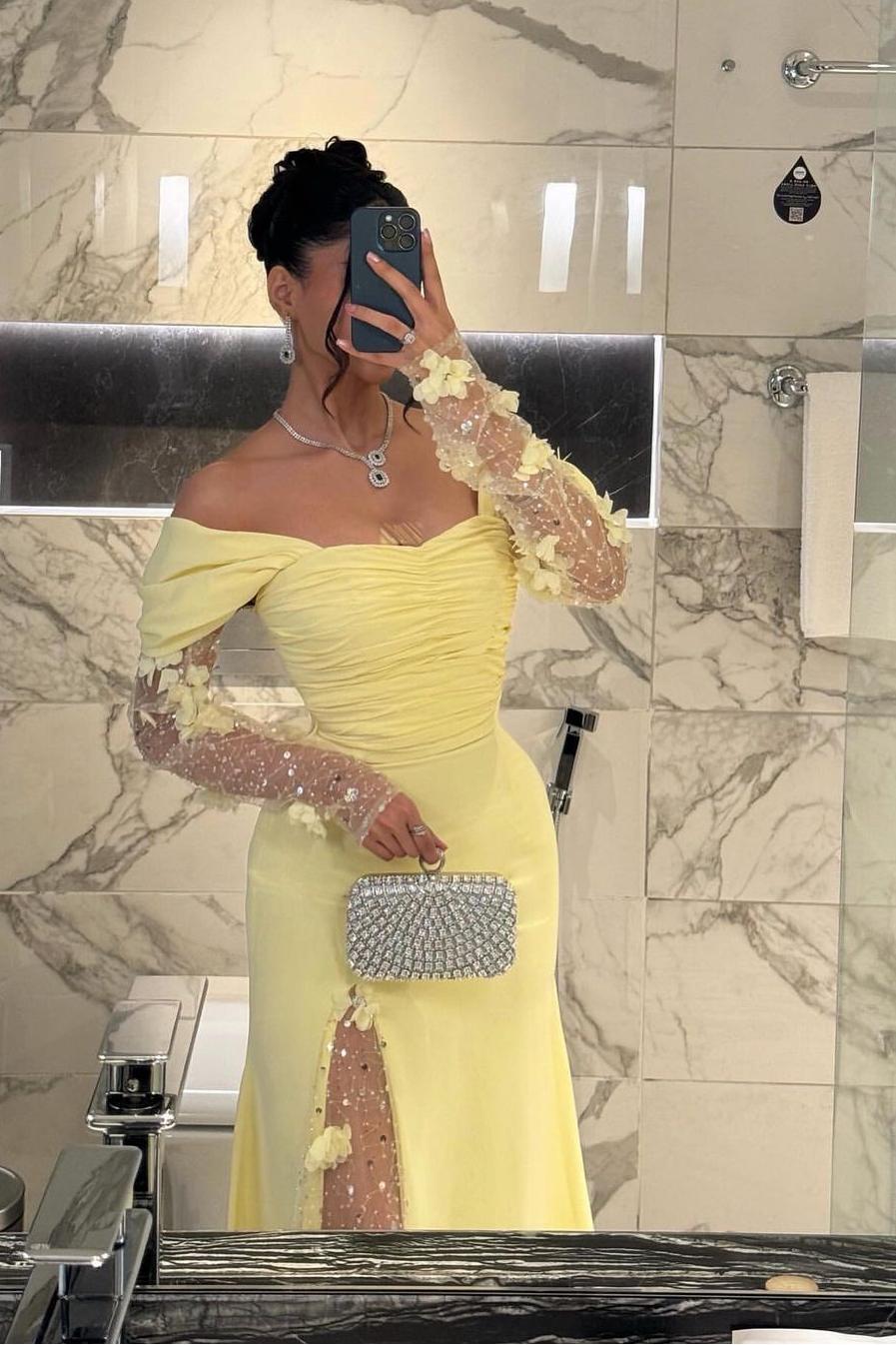 Chic Daffodil Satin Long Sleeves Off the Shoulder Pleated Prom Dress with Sequins