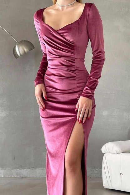 Stunning Regency Velvet Long Sleeves V Neck Long Prom Dress with High Split
