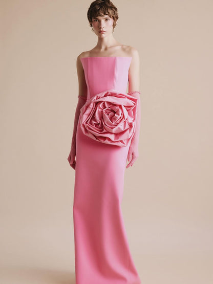 Sleeveless Square Mermaid Handmade Flower Long Prom Dress With Gloves