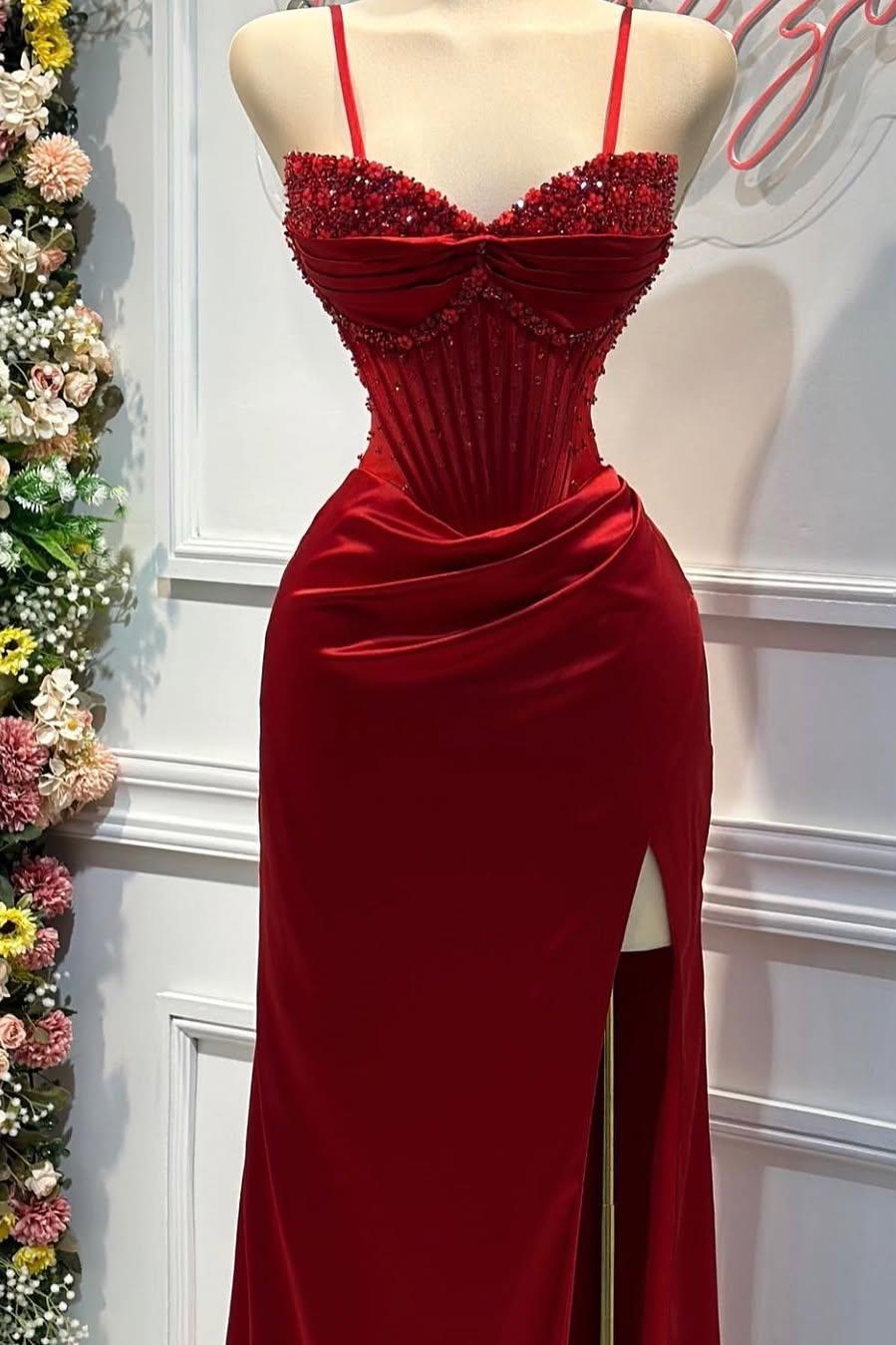 Shinning Red Satin Spaghtti Strap Sweetheart Split Prom Dress with Beadings