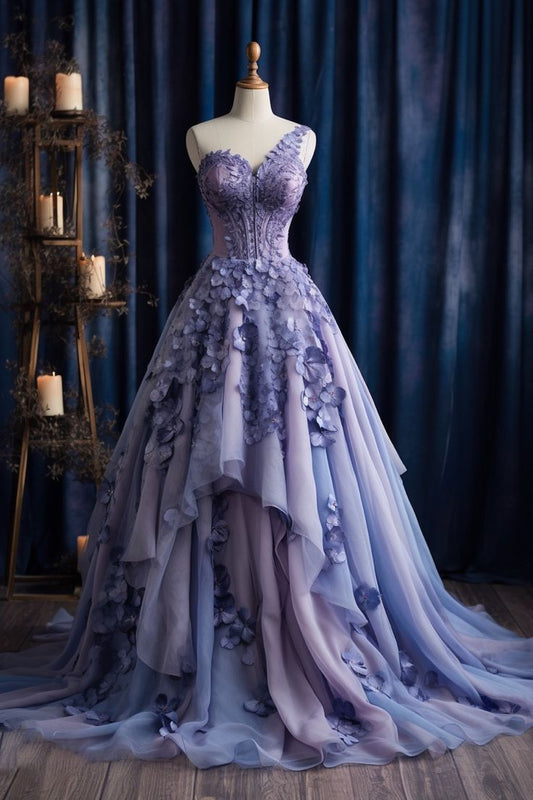 Purple A Line One Shoulder Appliques 3D Flower Chiffon Prom Dress Evening Dress SH2413