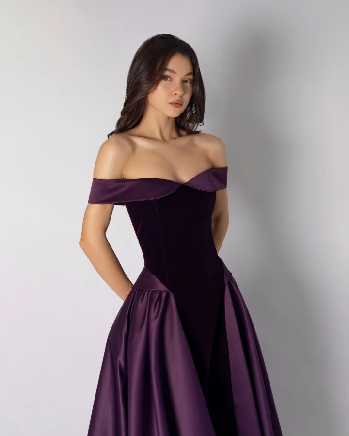 Classic Dark Purple Off-The-Shoulder Pleated A-Line Evening Dress