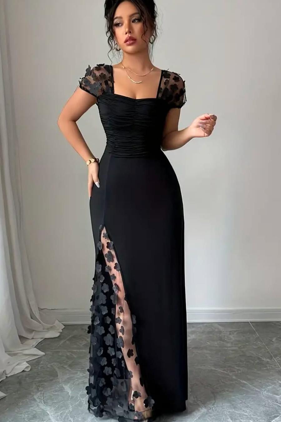 Glamorous Black Satin Applique Square Neck Pleated Prom Dress with Split