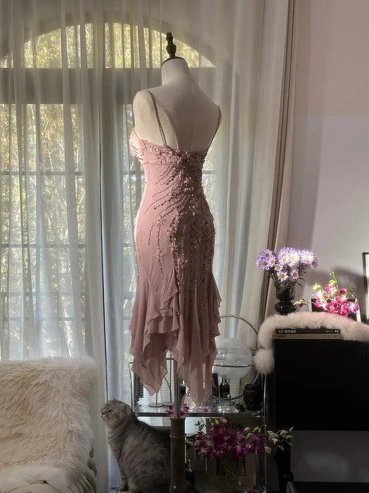 Cute Mermaid Spaghetti Strap Beaded Ruffle Pink Chiffon Short Homecoming Dress Birthday Dress SH2883