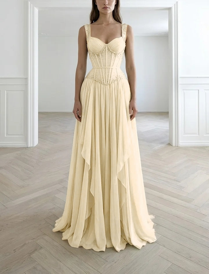 Graceful Sleeveless Wide Straps Beaded Ruffles Long Evening Dress