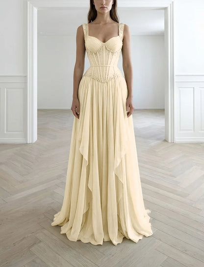 Graceful Sleeveless Wide Straps Beaded Ruffles Long Evening Dress