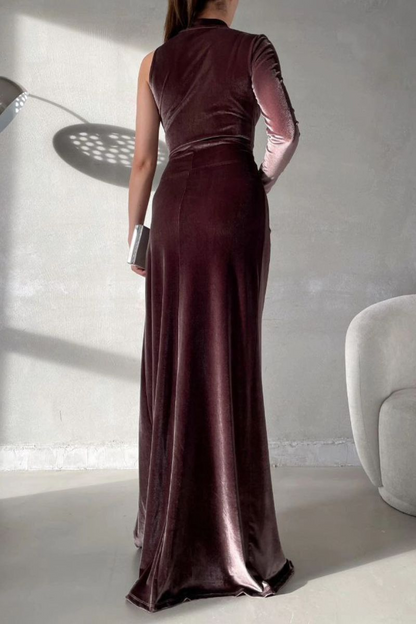 Charming Black Velvet One Shoulder Long Sleeves Long Prom Dress with High Split