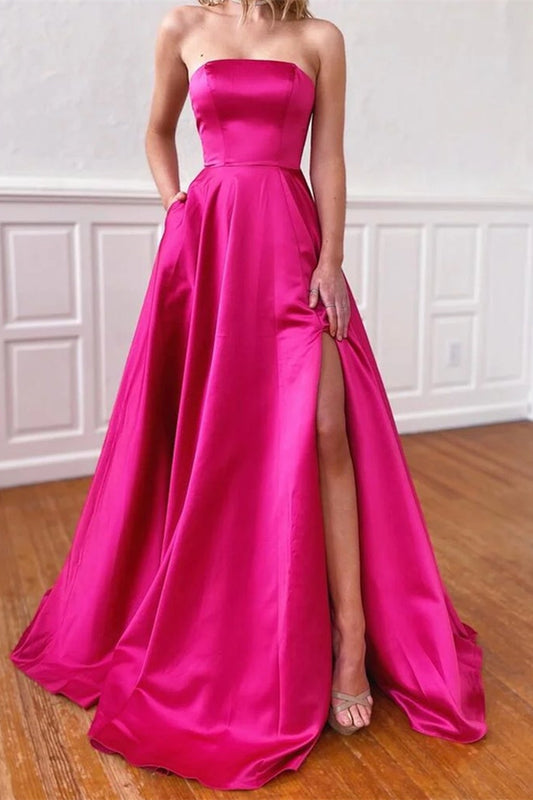 Fuchsia Strapless Prom Dress With Pockets Side Slit