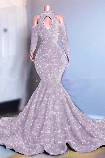 Long Sleeves Royal Blue High Collar Mermaid Long Prom Dress With Sequins