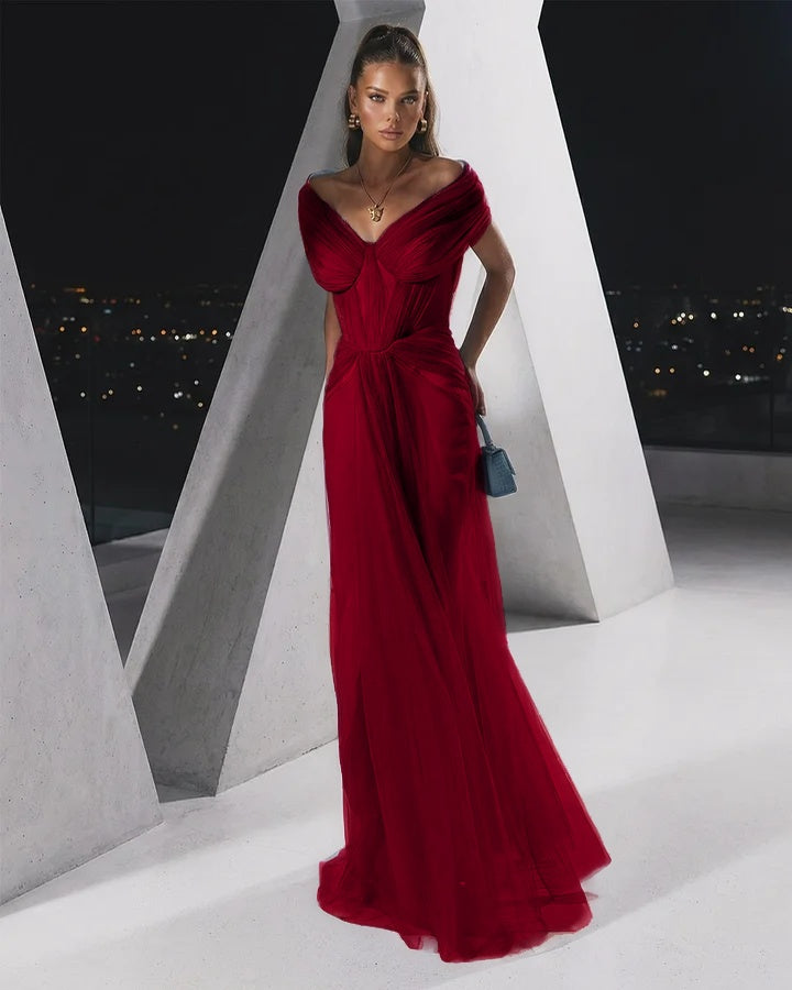 Flowing Dusty Blue Off-The-Shoulder Pleated Long Tulle Evening Dress