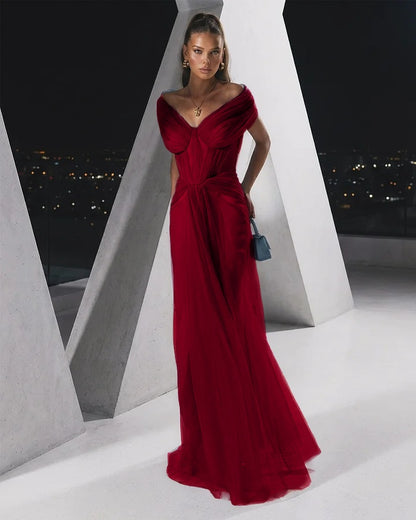 Flowing Dusty Blue Off-The-Shoulder Pleated Long Tulle Evening Dress