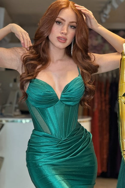 Shining Dark Green Spaghetti-strap Mermaid Prom Dress Sleeveless