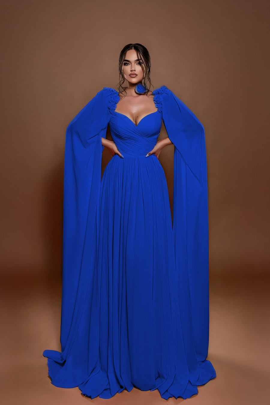 Chic A Line Sleeveless Long Pleated Prom Dress With Shoulder Cape