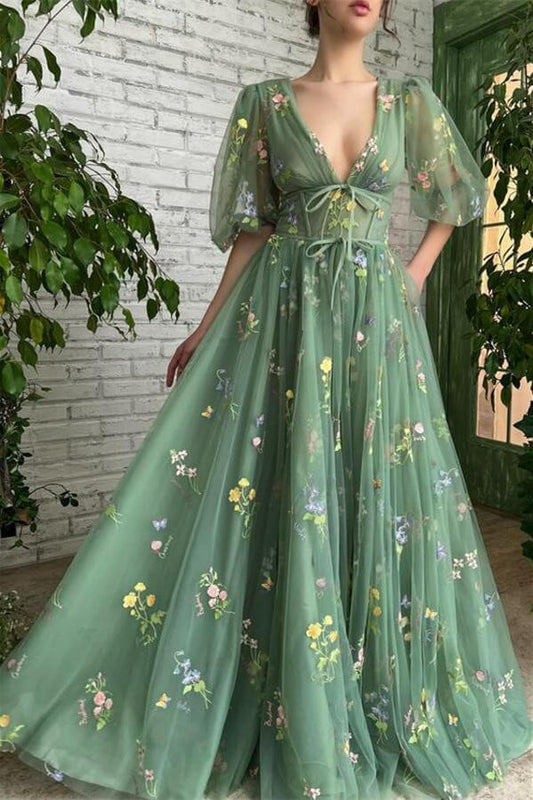 Aqua Beautiful Half Sleeves Deep V Neck Evening dress Tulle with Embroidery Flowers