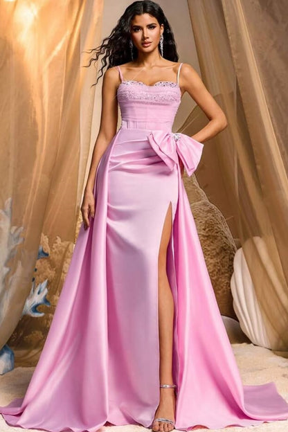 Sleeveless Spaghetti Split Mermaid Prom Dress With Bow