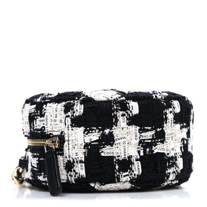 Tweed Quilted Round Clutch With Chain Black Ecru White