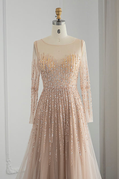 Champagne Jewel Neck A Line Prom Dress Long Sleeves Tulle With Appliques