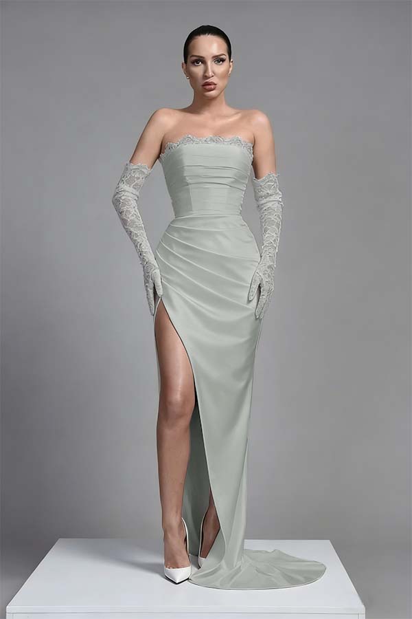 Black Sleeveless Long Split Pleated Evening Dress With Long Gloves