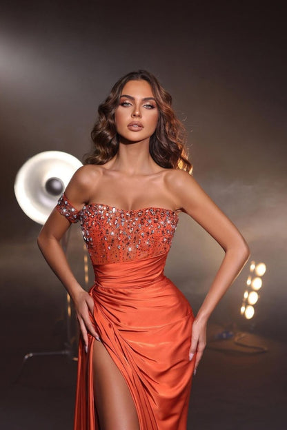 Orange One-Shoulder Beaded High Slit Prom Dress