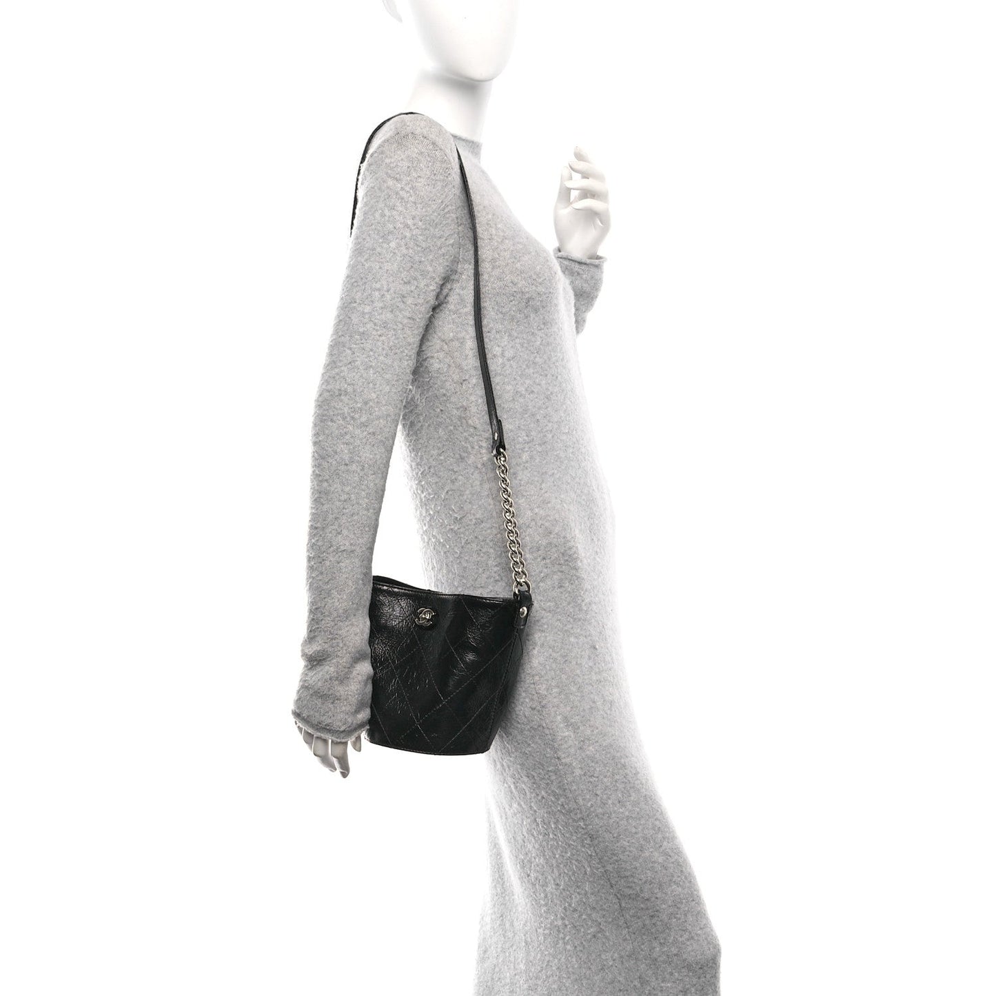 Crumpled Calfskin Quilted Chain Drawstring Bucket Bag Black