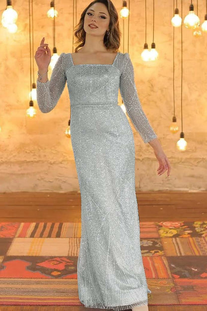Luxurious Long Sleeves Square Long Evening Dress With Beading