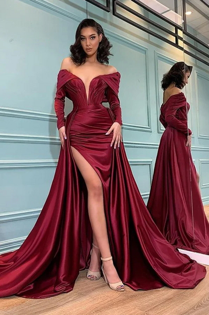 Long Sleeves Burgundy Evening Dress Mermaid